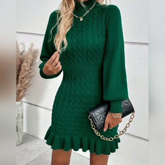Knit Lantern Sleeve Ruffle Hem Sweater Dress - Picture 1 of 5